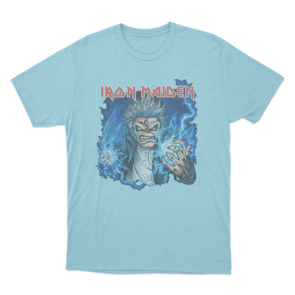 Iron Maiden Lightning Eddie Unisex T Shirt Sky Blue Iron Maiden Lightning Eddie Unisex T Shirt Sky Blue